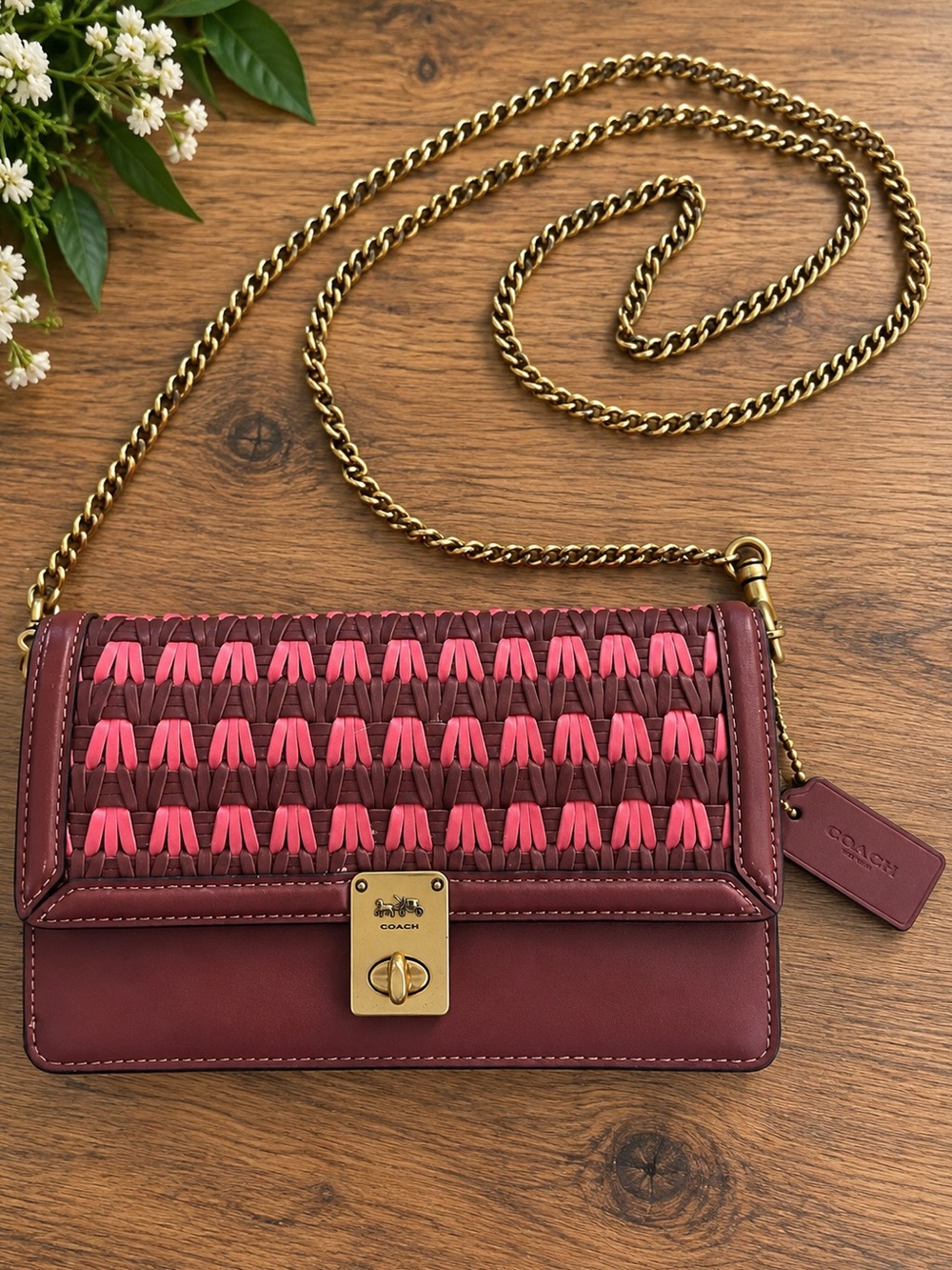 COACH Hutton Woven Pink Multi Wine Burgundy Leather Crossbody/Clutch 3652